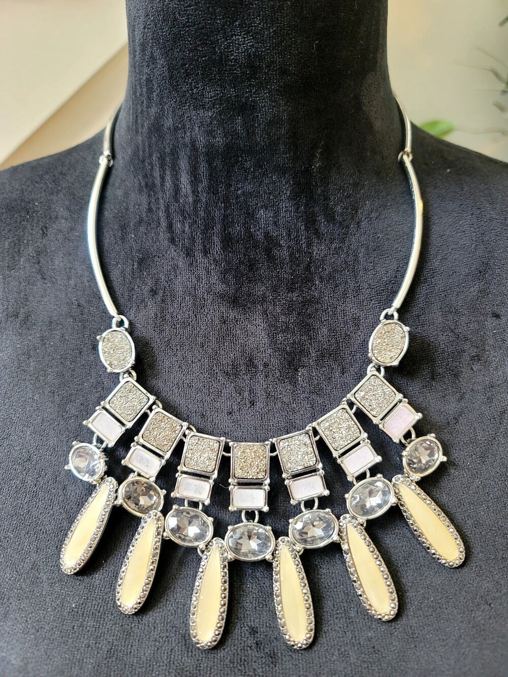 Chico's Silver Tone Statement Necklace Crystal Cabochon Bib Drop Pendant